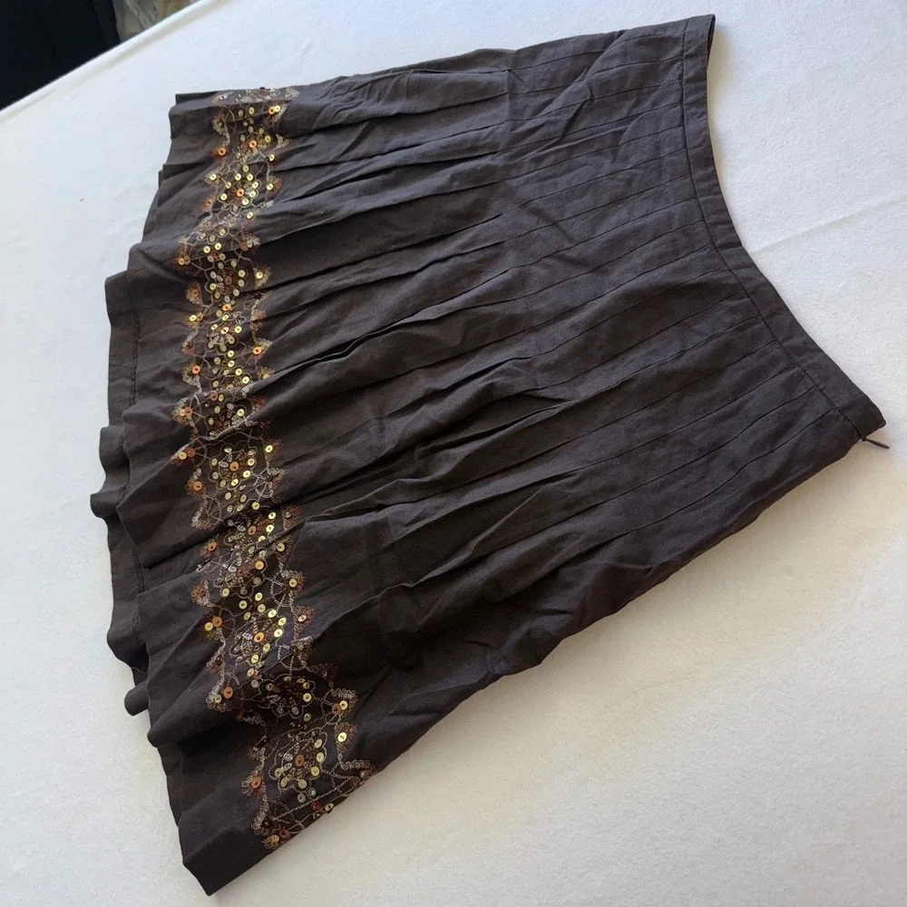 Ann Taylor Loft Brown Linen Blend Pleated Sequin Hem A-Line‎ Skirt Womens 10